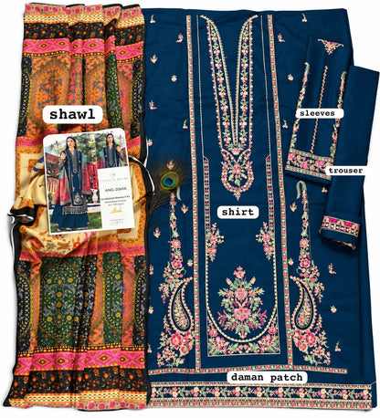 Hussain Rehar Premium Dhanak Embroidered Unstitched 3-Piece Suit with Printed Wool Shawl