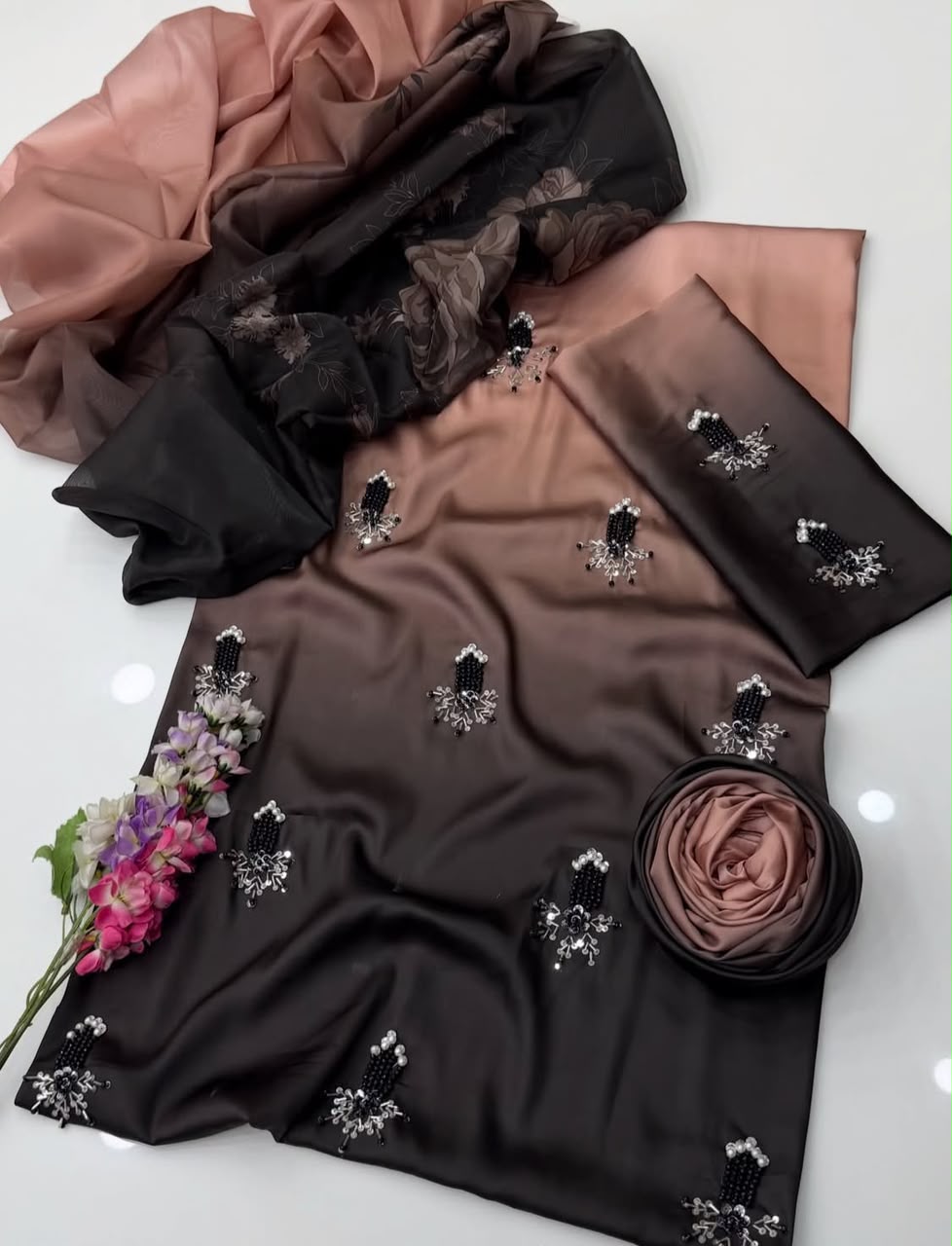 Premium Shamooz Silk Digital Tie & Dye 3-Piece Suit with Luxury Handwork