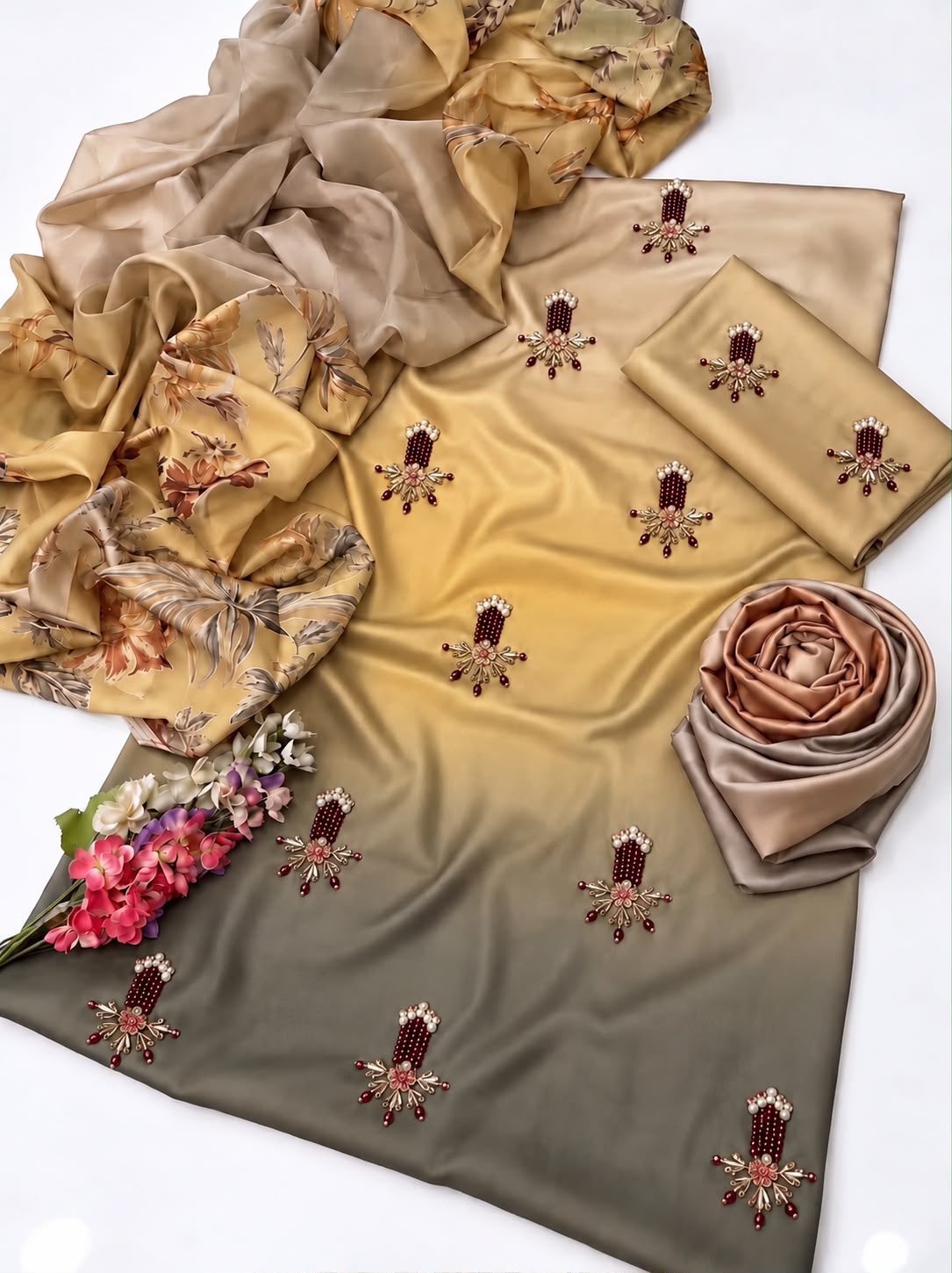 Premium Shamooz Silk Digital Tie & Dye 3-Piece Suit with Luxury Handwork