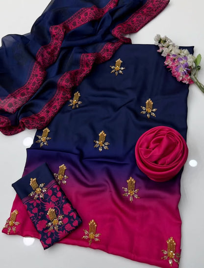 Premium Shamooz Silk Digital Tie & Dye 3-Piece Suit with Luxury Handwork